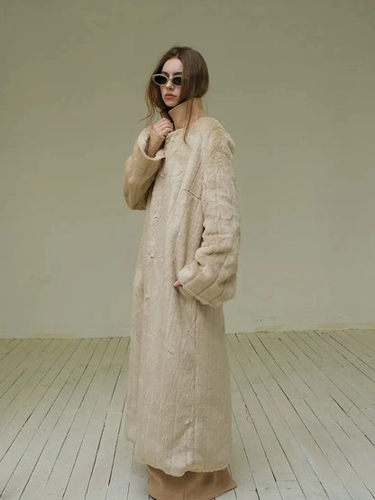 FU FRESH UP Long Plush Vertical Stripe Faux Fur Coat