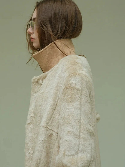 FU FRESH UP Long Plush Vertical Stripe Faux Fur Coat