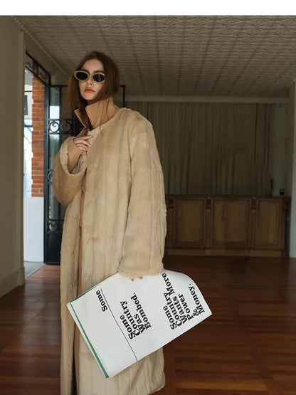 FU FRESH UP Long Plush Vertical Stripe Faux Fur Coat