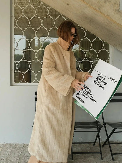 FU FRESH UP Long Plush Vertical Stripe Faux Fur Coat