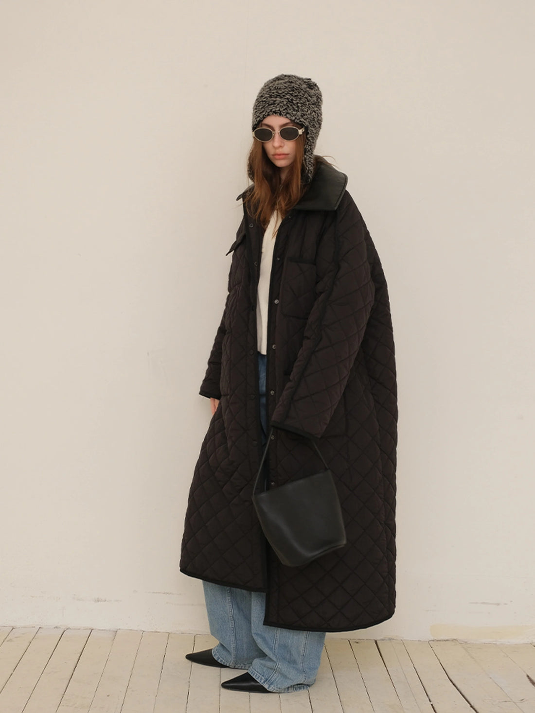 FU FRESH UP Long Puffer Coat With Quilted Pattern And Leather Trim