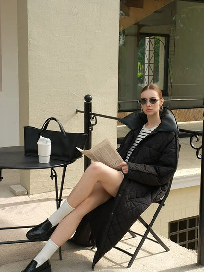 FU FRESH UP Long Puffer Coat With Quilted Pattern And Leather Trim