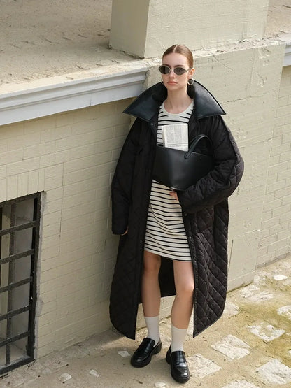 FU FRESH UP Long Puffer Coat With Quilted Pattern And Leather Trim