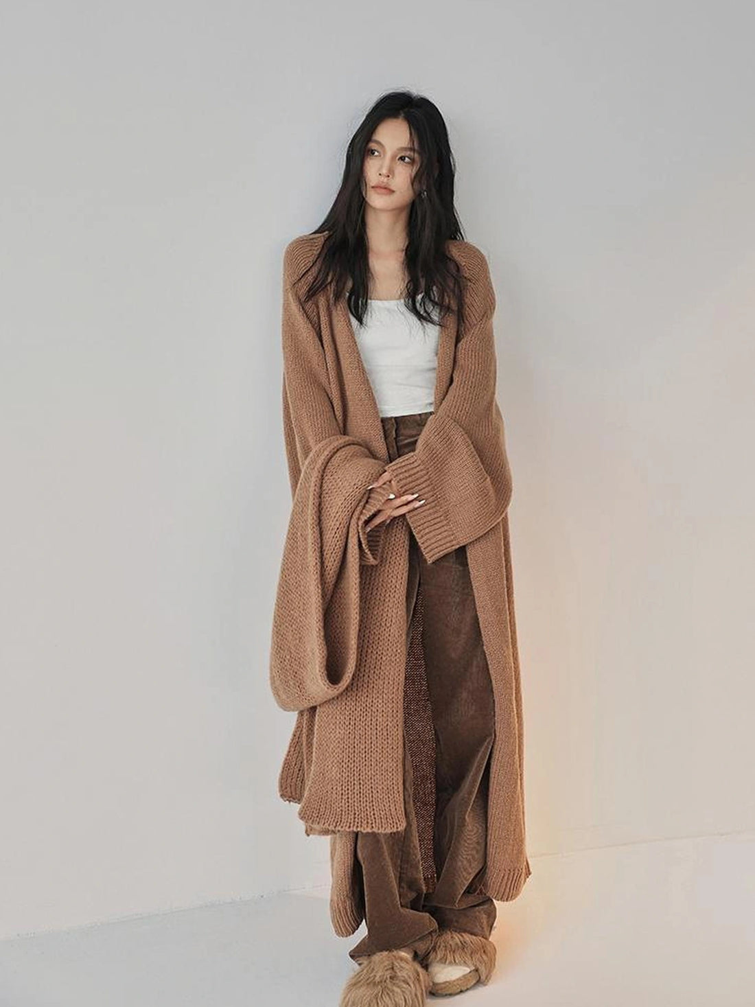 FU FRESH UP Long Wool Mohair Knit Cardigan Coat