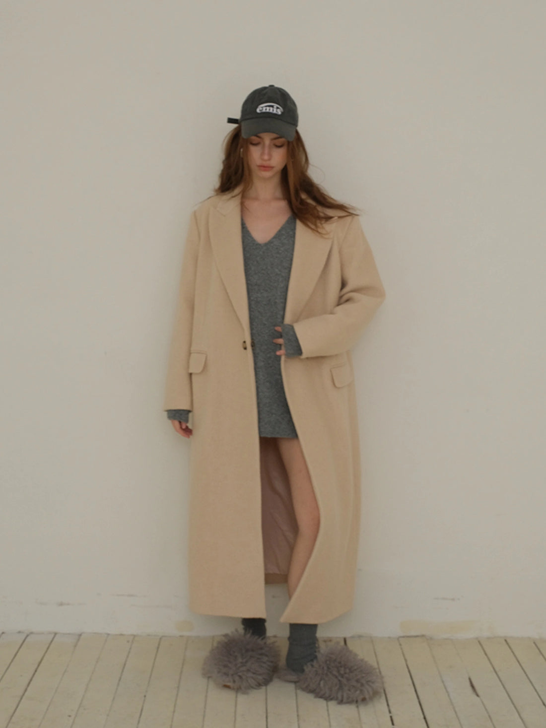 FU FRESH UP Long Wool Trench Coat With Peak Lapel