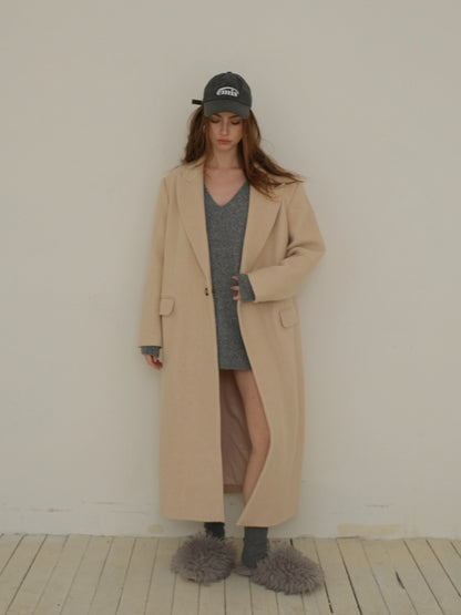 FU FRESH UP Long Wool Trench Coat With Peak Lapel
