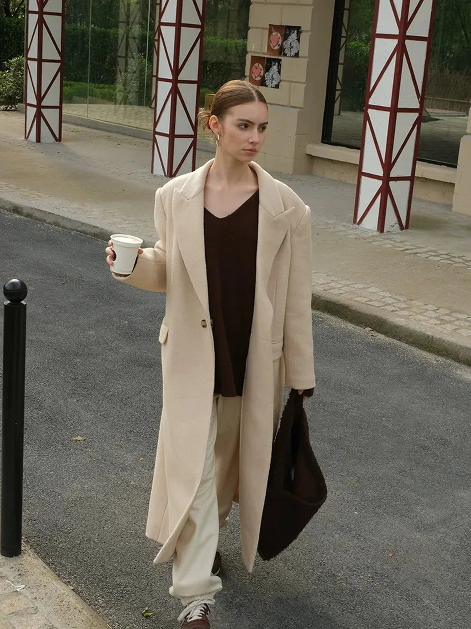 FU FRESH UP Long Wool Trench Coat With Peak Lapel