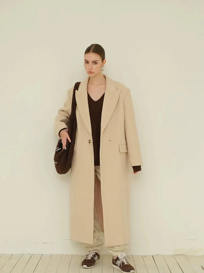 FU FRESH UP Long Wool Trench Coat With Peak Lapel