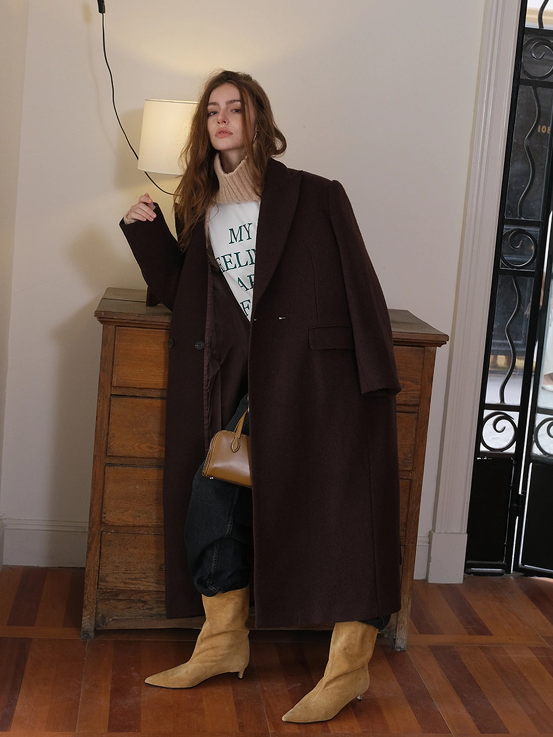 FU FRESH UP Long Wool Trench Coat With Peak Lapel