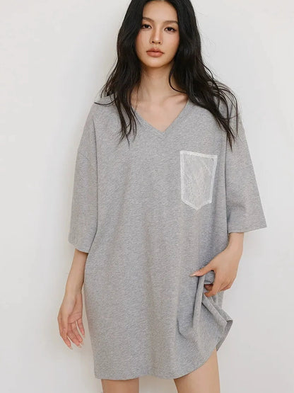 FU FRESH UP Loose V-Neck Hemp Cotton Lace Trim Pocket Tee