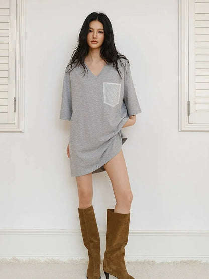 FU FRESH UP Loose V-Neck Hemp Cotton Lace Trim Pocket Tee