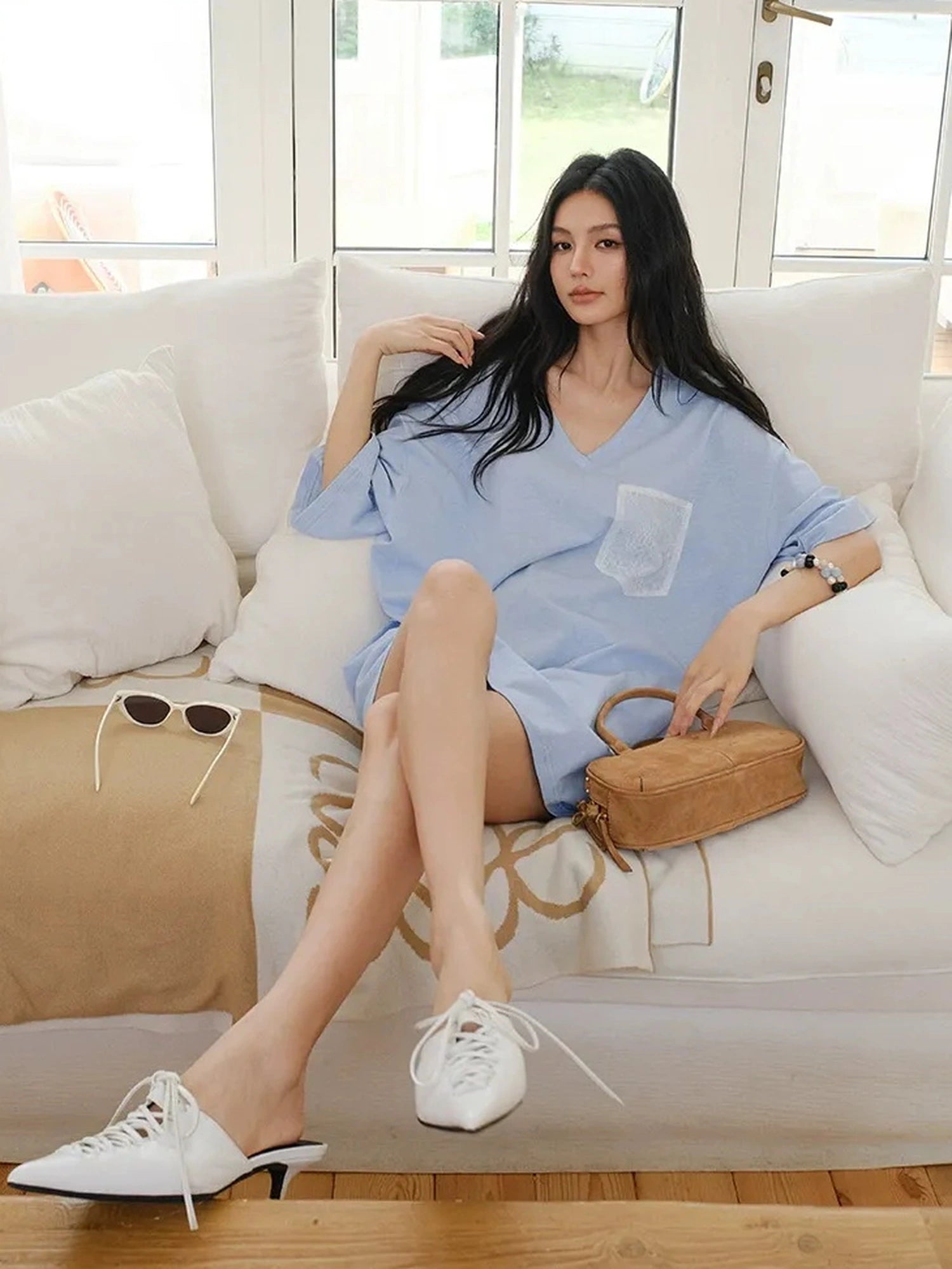 FU FRESH UP Loose V-Neck Hemp Cotton Lace Trim Pocket Tee