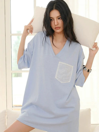 FU FRESH UP Loose V-Neck Hemp Cotton Lace Trim Pocket Tee