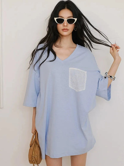 FU FRESH UP Loose V-Neck Hemp Cotton Lace Trim Pocket Tee