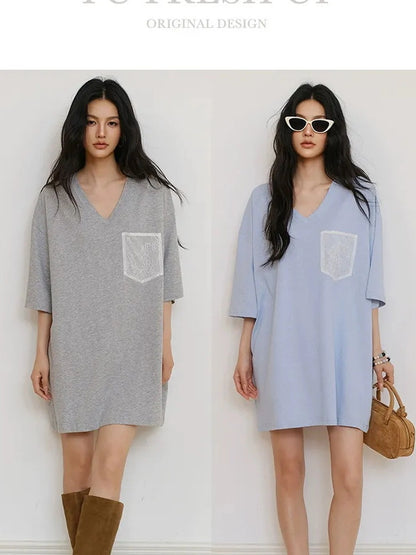 FU FRESH UP Loose V-Neck Hemp Cotton Lace Trim Pocket Tee