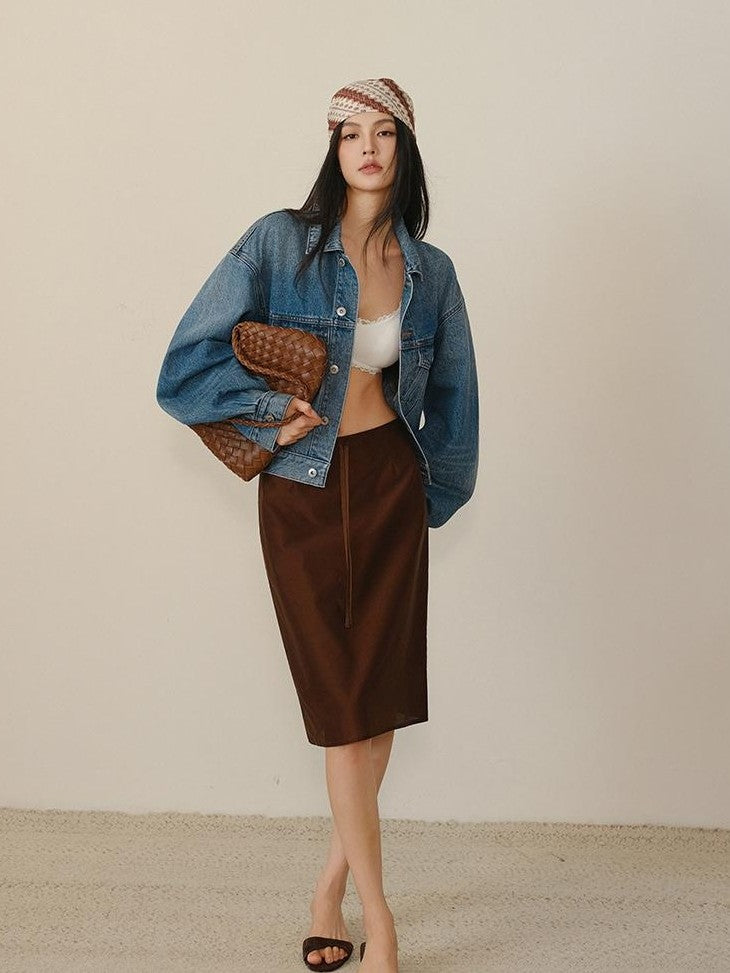 FU FRESH UP Lustrous Drawstring Back Slit Straight Women&