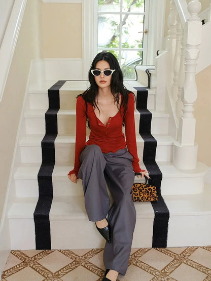 FU FRESH UP Lyocell Wool Henley Knit Top