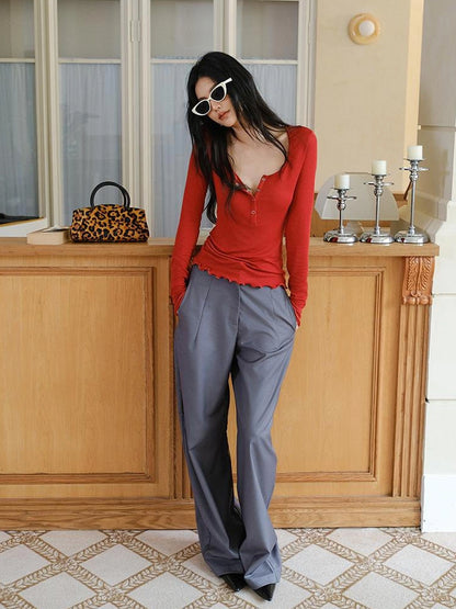 FU FRESH UP Lyocell Wool Henley Knit Top