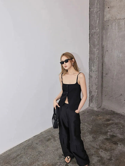 FU FRESH UP Matte Satin Cargo Wide Leg Pants