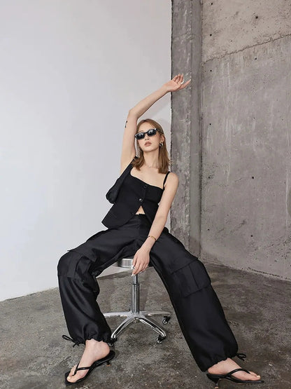 FU FRESH UP Matte Satin Cargo Wide Leg Pants