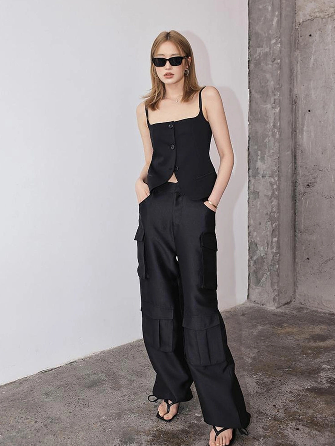 FU FRESH UP Matte Satin Cargo Wide Leg Pants