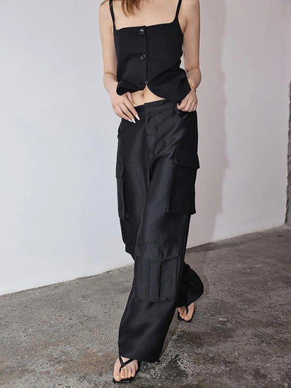 FU FRESH UP Matte Satin Cargo Wide Leg Pants