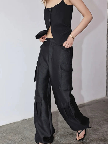 FU FRESH UP Matte Satin Cargo Wide Leg Pants