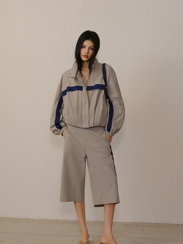 FU FRESH UP Micro Pleat Colorblock Stand Collar Side Stripe Women&