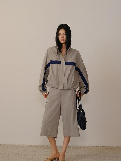 FU FRESH UP Micro Pleat Colorblock Stand Collar Side Stripe Women&