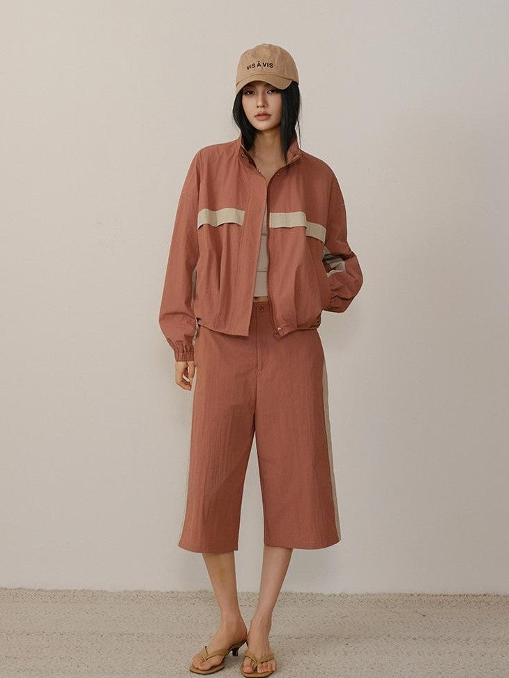 FU FRESH UP Micro Pleat Colorblock Stand Collar Side Stripe Women&