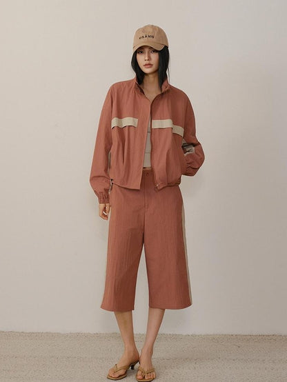 FU FRESH UP Micro Pleat Colorblock Stand Collar Side Stripe Women&