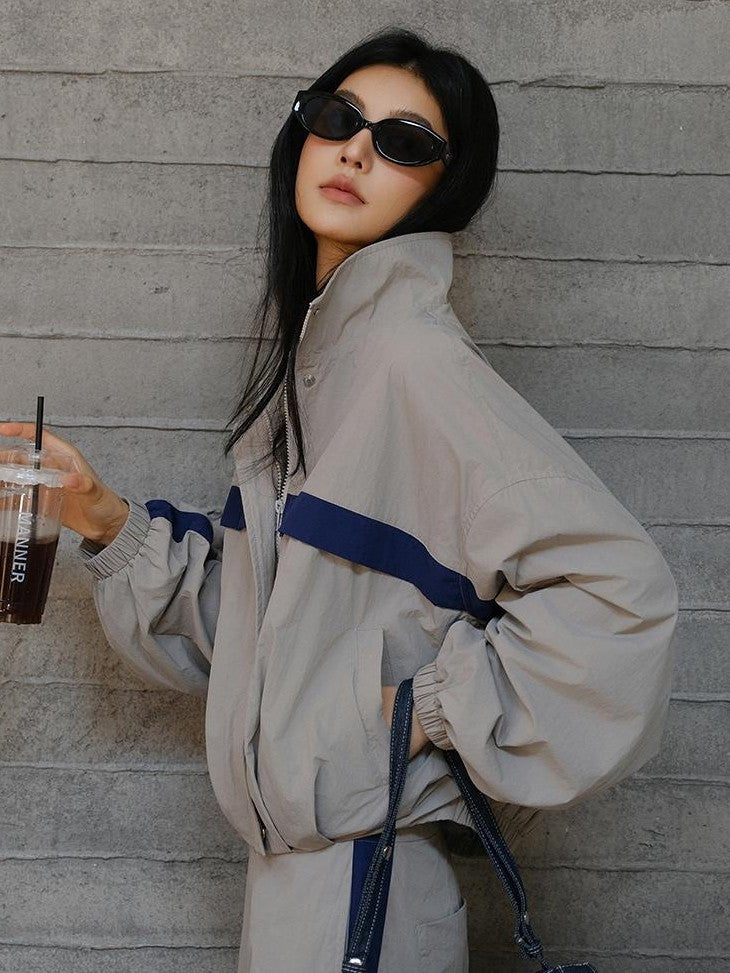 FU FRESH UP Micro Pleat Colorblock Stand Collar Side Stripe Women&