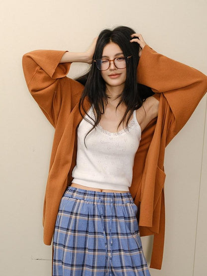 FU FRESH UP Mid Length Collarless Tie Knit Relaxed Women&