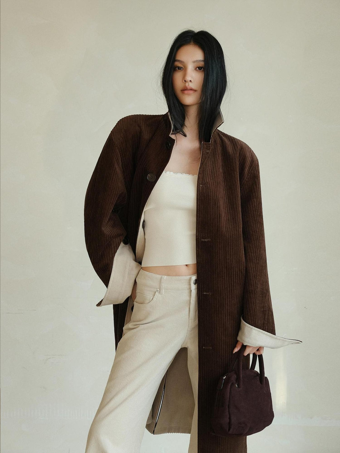 FU FRESH UP Minimalist Color Block Wool Corduroy Spliced Lapel Women&