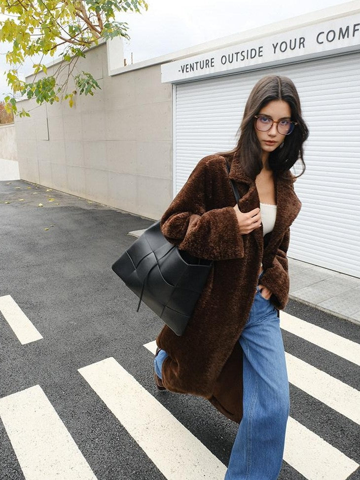 FU FRESH UP Minimalist Shearling Trim Woven Stand Collar Women&