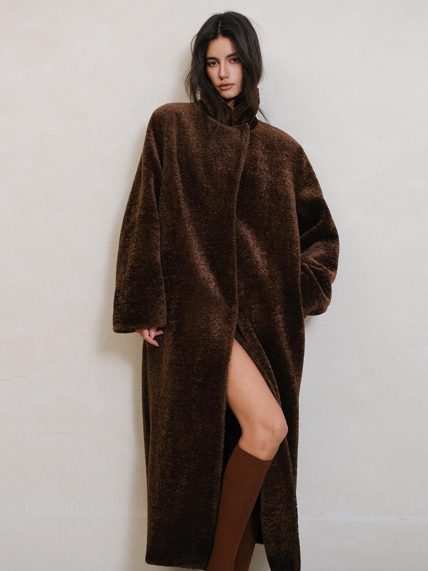 FU FRESH UP Minimalist Shearling Trim Woven Stand Collar Women&