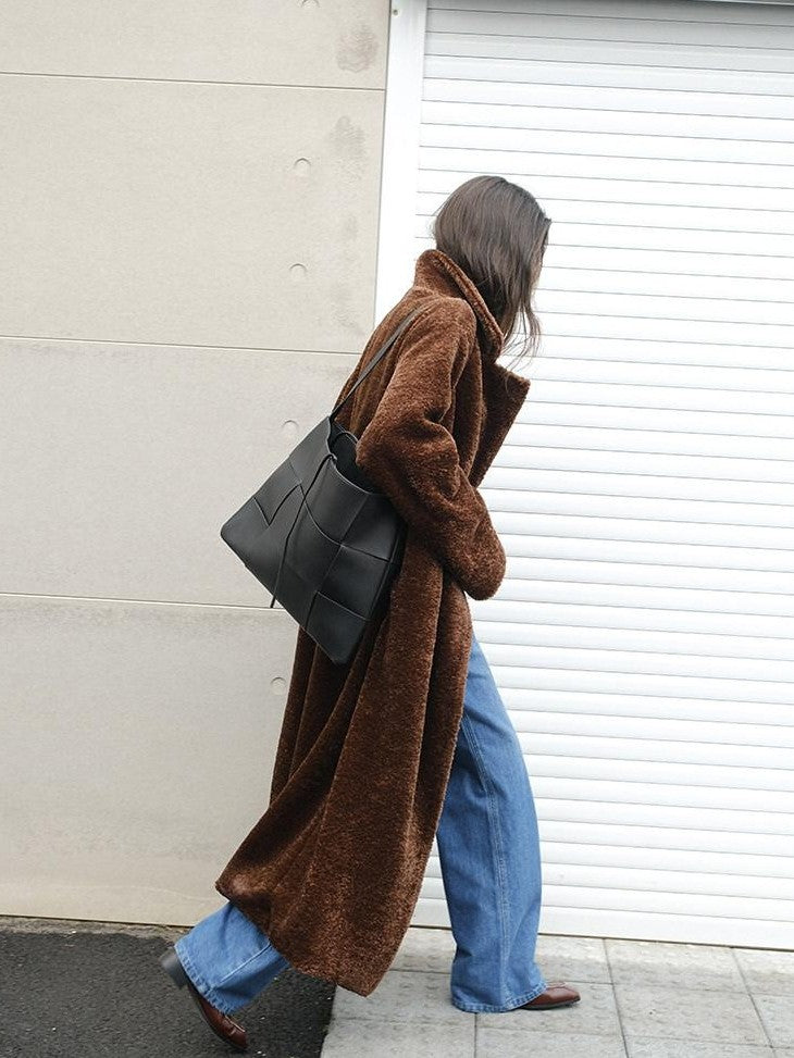 FU FRESH UP Minimalist Shearling Trim Woven Stand Collar Women&