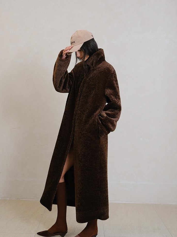 FU FRESH UP Minimalist Shearling Trim Woven Stand Collar Women&