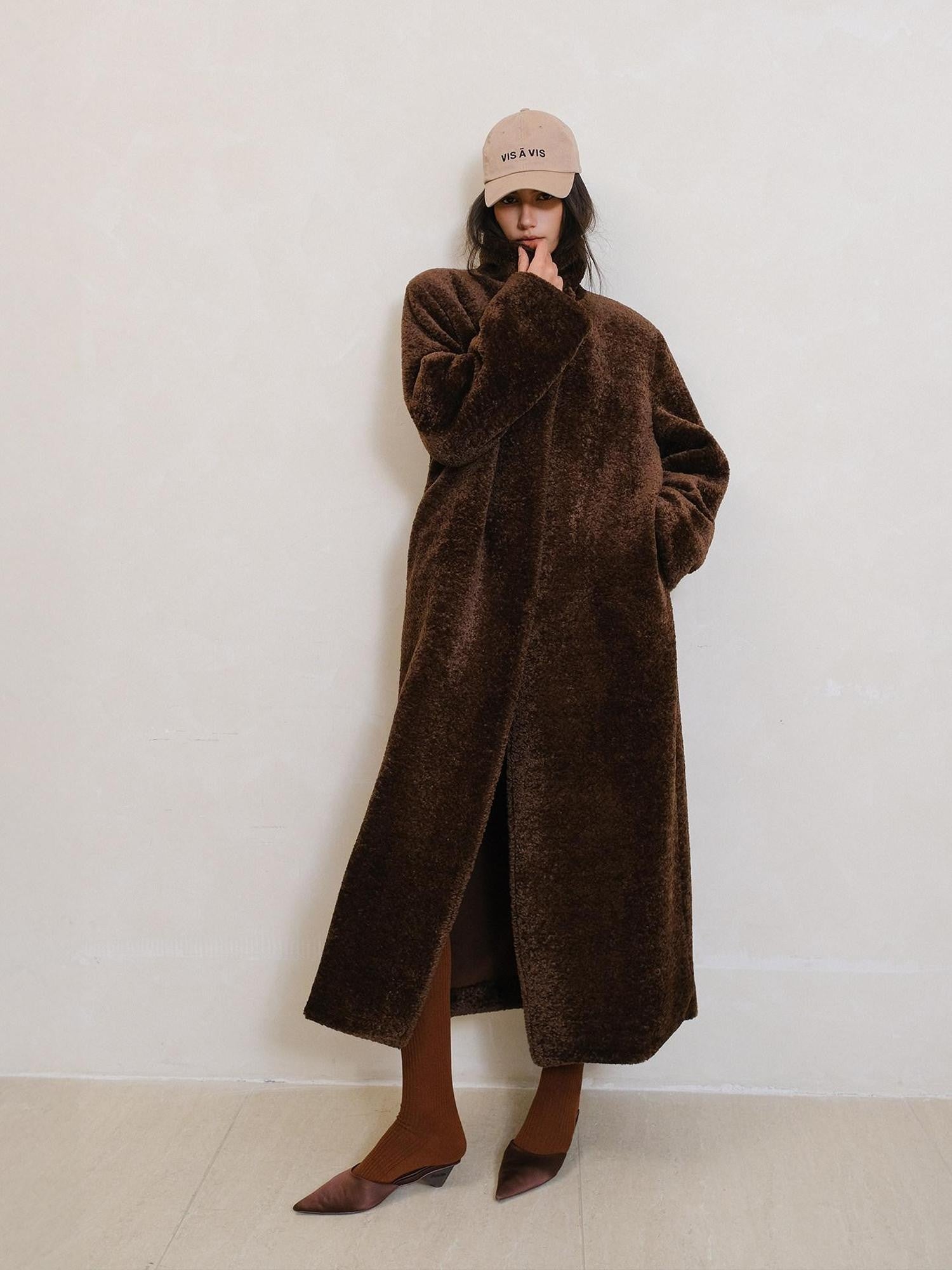 FU FRESH UP Minimalist Shearling Trim Woven Stand Collar Women&