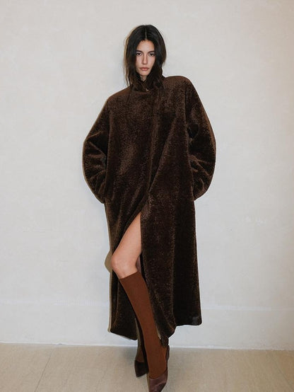 FU FRESH UP Minimalist Shearling Trim Woven Stand Collar Women&