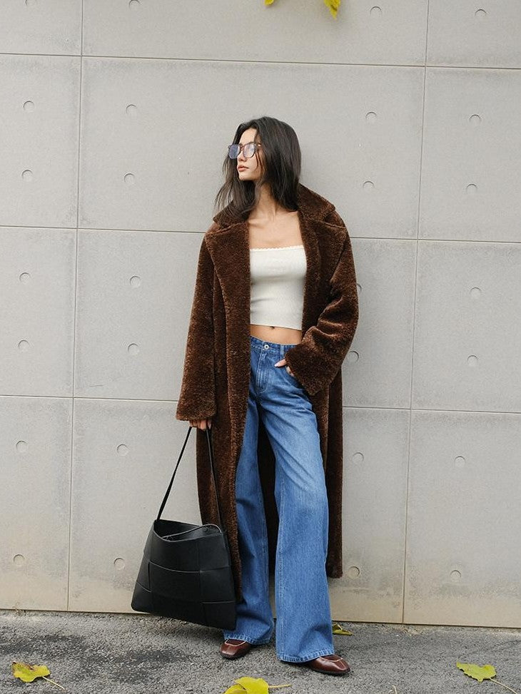 FU FRESH UP Minimalist Shearling Trim Woven Stand Collar Women&