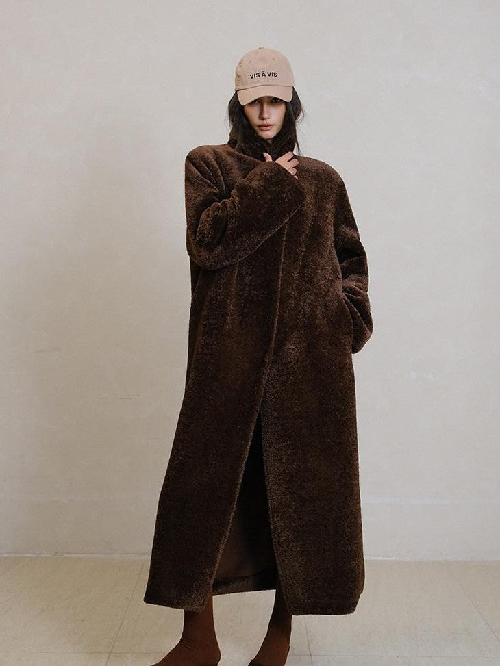 FU FRESH UP Minimalist Shearling Trim Woven Stand Collar Women&