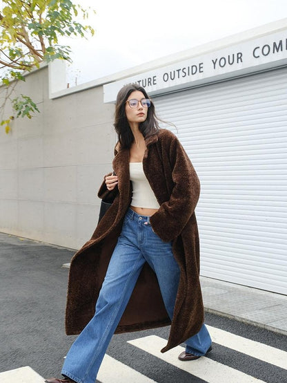 FU FRESH UP Minimalist Shearling Trim Woven Stand Collar Women&