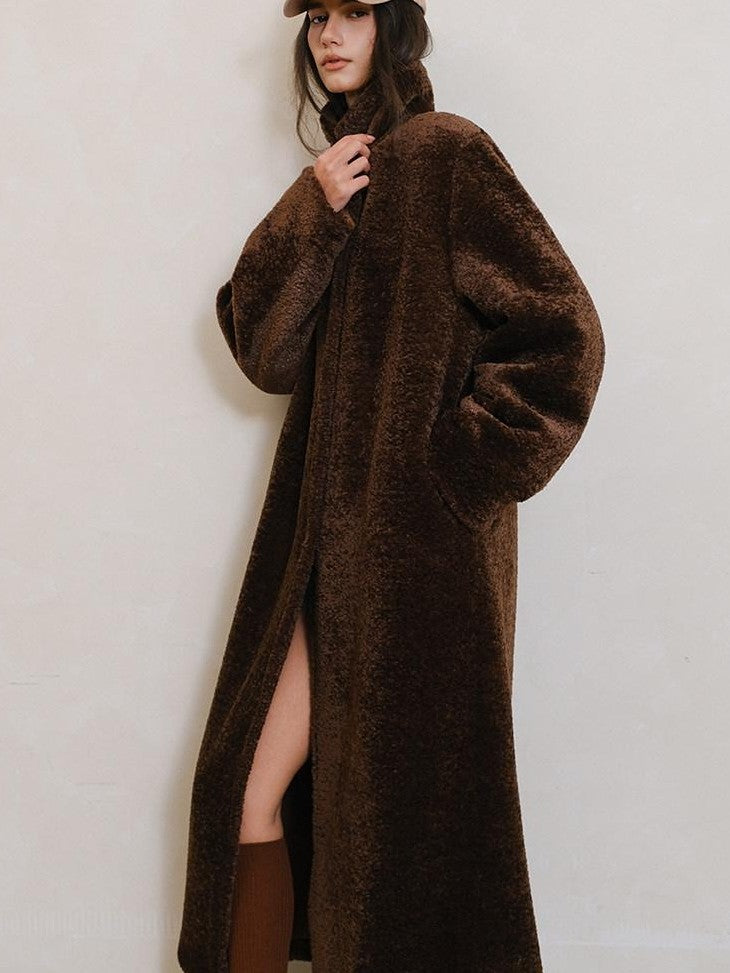 FU FRESH UP Minimalist Shearling Trim Woven Stand Collar Women&