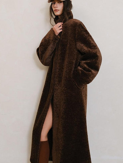 FU FRESH UP Minimalist Shearling Trim Woven Stand Collar Women&