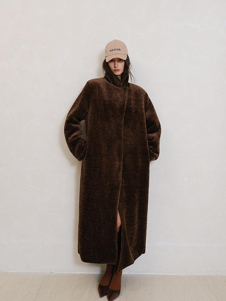 FU FRESH UP Minimalist Shearling Trim Woven Stand Collar Women&
