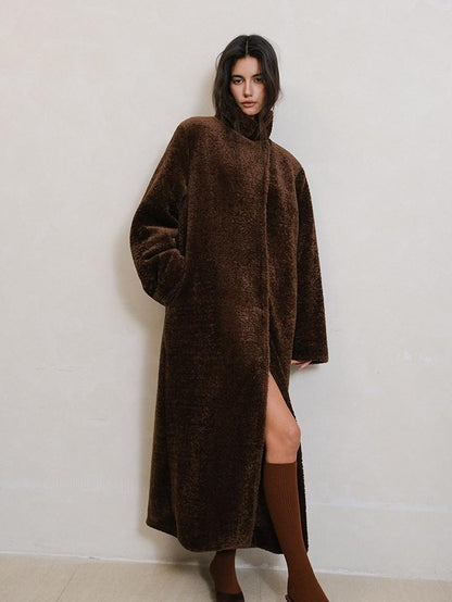 FU FRESH UP Minimalist Shearling Trim Woven Stand Collar Women&