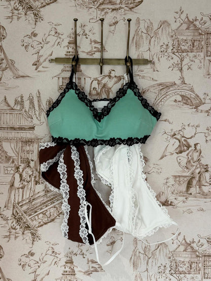 FU FRESH UP Mint Lace Spliced V-neck Layering Women&