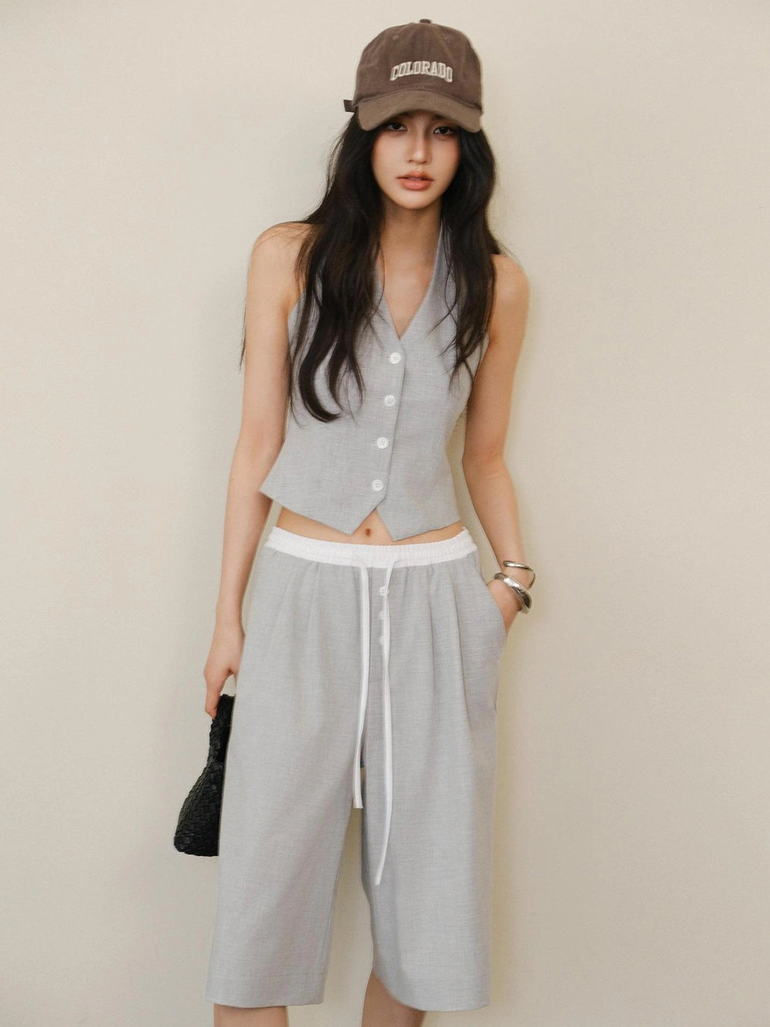 FU FRESH UP Modern Gentlewoman Halter Vest Trousers Set V-neck T-shirt Long Sleeve