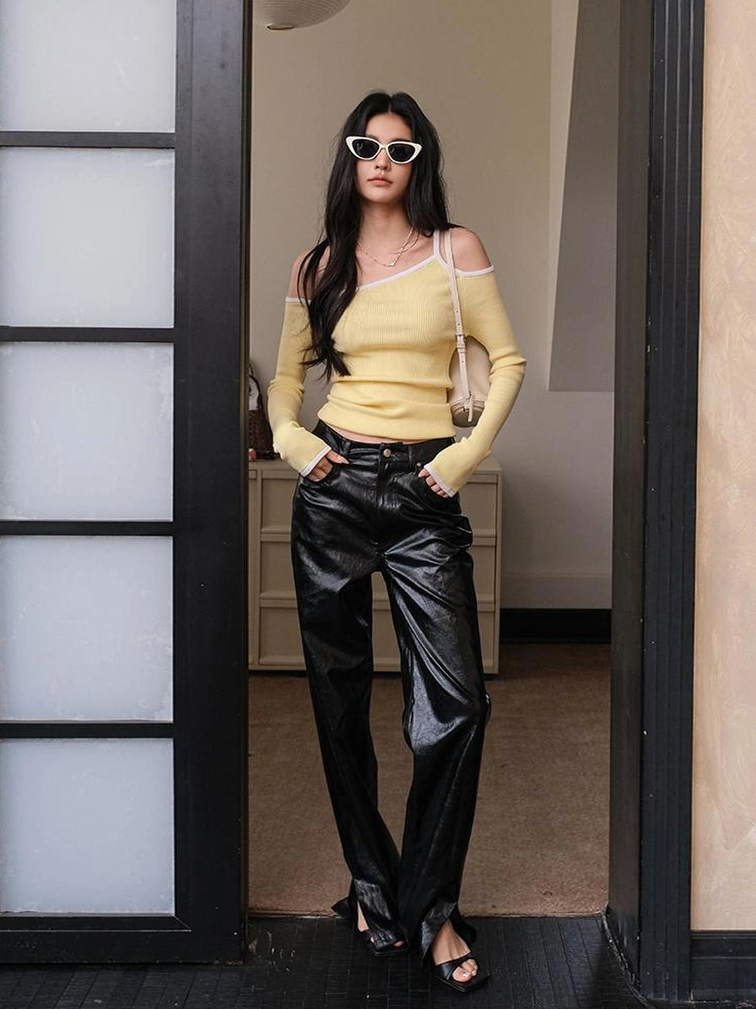 FU FRESH UP Modern Retro Slim Fit Leather Pants With Side Slit